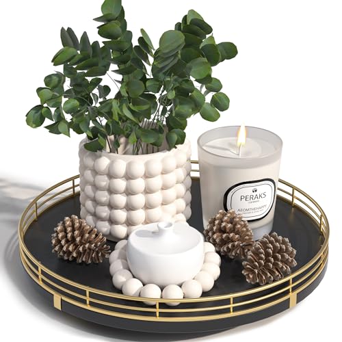Image of 10 inch Oak Wood Decorative Tray for Home Decor, Tray for Coffee Table Decor Perfume Nightstand Vanity Bathroom Trays for Counter Candle Jewelry Makeup Farmhouse Table Centerpiece for Dining Room Gold