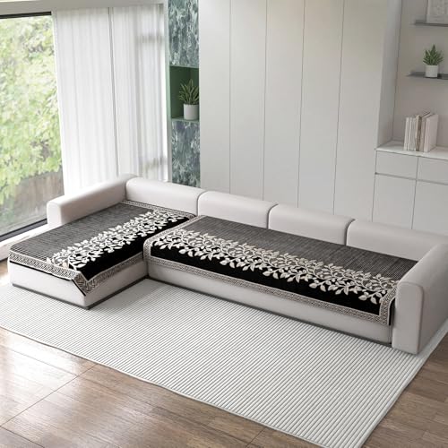 Image of Nendle Superior Velvet Floral Sofa Mat 5 Seater Set Durable Protector for Living Room Mat 3 Seater and 2 Seater, Suitable for L Shape, Sectional and U Shape Sofa (Black, Pack of 2)
