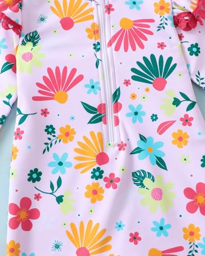 Image of Toddler Girl Swimsuit Baby Girl Bathing Suit Long Sleeve Floral Zipper One-Piece Rash Guard Swimsuit with Hat