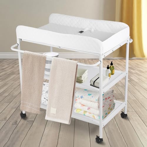 Klappbarer Wickelkommode mit Aufbewahrungskorb - Für das Neugeborene Kleidung und Windeln Wechseln - Tragbarer Wickeltisch mit 4 Räder, Höhenverstellbar, 25 kg Max (84 * 72 * 90cm, Weiß) Klappbarer Wickelkommode mit Aufbewahrungskorb - Für das Neugeborene Kleidung und Windeln Wechseln - Tragbarer Wickeltisch mit 4 Räder, Höhenverstellbar, 25 kg Max (84 * 72 * 90cm, Weiß)