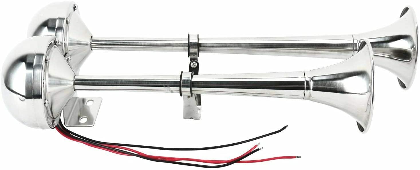 Flexzon Corno ad aria 12 V Elettrico Super Forte Doppia Tromba Marine Grade Barca Acciaio Inox