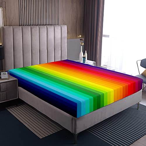 Rainbow Fitted Sheet 100% Microfiber Breathable Colorful Vertical Lines Palette Abstract Art Only Bedsheet No Pillowcases Fitted Sheets Luxury Double(135x200+30cm)