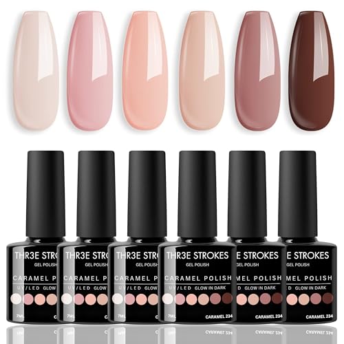 Image of THR3E STROKES Gel Nail Polish Gel Nail Polish Set Gel Polish Orange Hot Pink Blue Yellow Green Purple Vibrant Spring Summer Gel Polish 7ML (UV /LED LIGHT REQUIRED) (CARAMEL 234, 7.5ML)