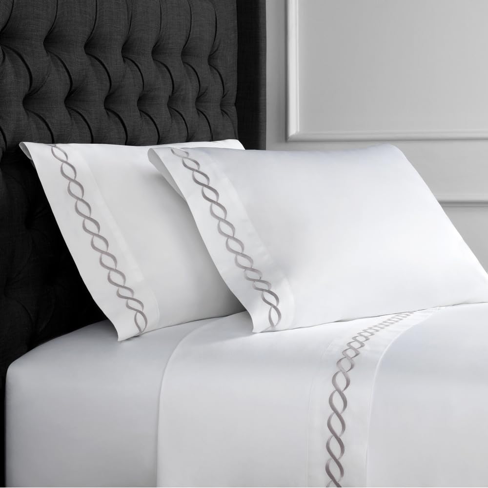 TRP 4 Piece Silky Soft Plush Designer Cotton Bed Sheets Queen Size Intricated Light Grey Rope Embroidery Ivory