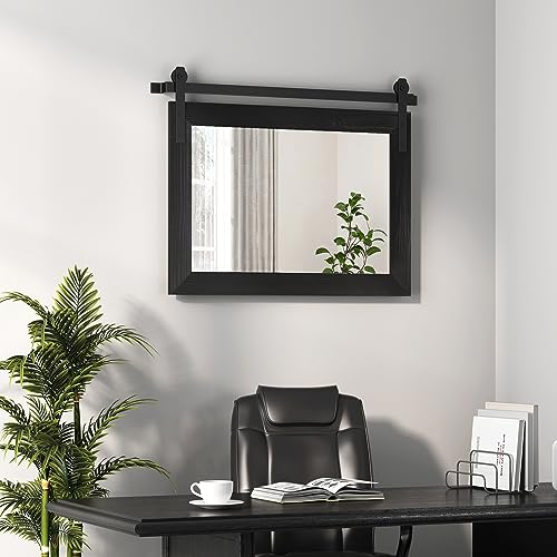Image of COGOOD Farmhouse Barn Door Mirror - 25 inch x 18 inch Rustic Wood Framed Decrative Mirror for Bathroom, Living Room, Entryway Wall Decor (Black)
