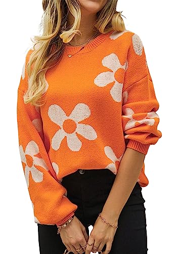 ECOWISH Women's Sweater 2025 Fall - Long Sleeve Crewneck Tops Knit Oversized Pullover Casual Print Jumper