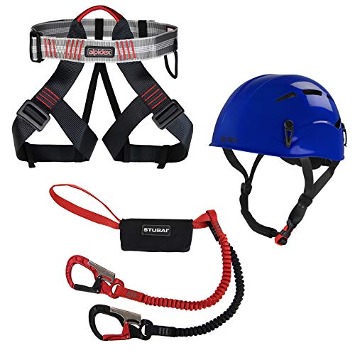 ALPIDEX Casque d'escalade + ALPIDEX Baudrier de Grimper Universel + Stubai Via ferrata Set Basic 3.0 - Casque: Royal Blue, Baudrier: Green