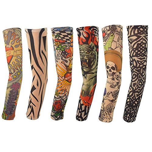 Uarter 6pcs Set Body Art Arm Stockings Slip Accessories Fake Temporary Tattoo Sleeves, Tiger, Crown Heart, Skull, Tribal Shape