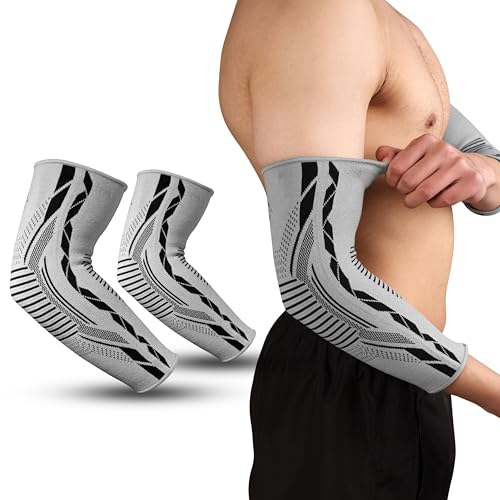 Image of Nivia Knitted Elbow Support with Silicon For Men & Women, Neoprene Compression Sleeve, Anti-Slip Grip, Heat Retention & Joint Stability for Gym, Training, and Injury Recovery(Grey, Large)