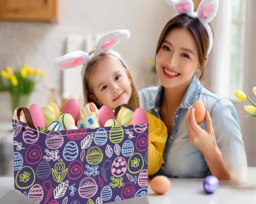 Image of Large Rectangular Easter Baskets Empty Waterproof Boy Toy Box Foldable Kid's Gifts Storage Bin Spring Room Decor(Purple Striped Egg)