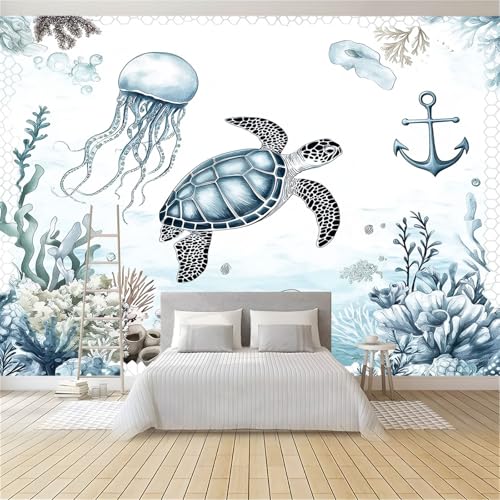 Papier Peint Panoramique 3D Aquarelle Monde Sous-Marin Tortues De Mer Méduses 250 x 175 cm Intissé Murale pour Salon Chambre d'enfants restaurant Murale,...