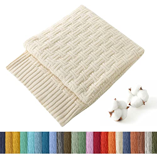 TREELY 100% Cotton Knitted Throw Blanket Couch Cover Blanket(31 x 40 Inches, Ivory White)