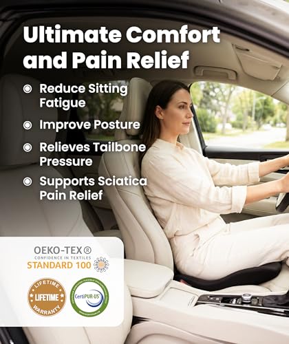 Image of Everlasting Comfort Car Seat Cushion for Driving - Orthopedic Car Cushion for Office, Travel, Gaming Chair Memory Foam Driver Booster for Short People, Non-Slip, Washable Cover, Back & Sciatica Relief