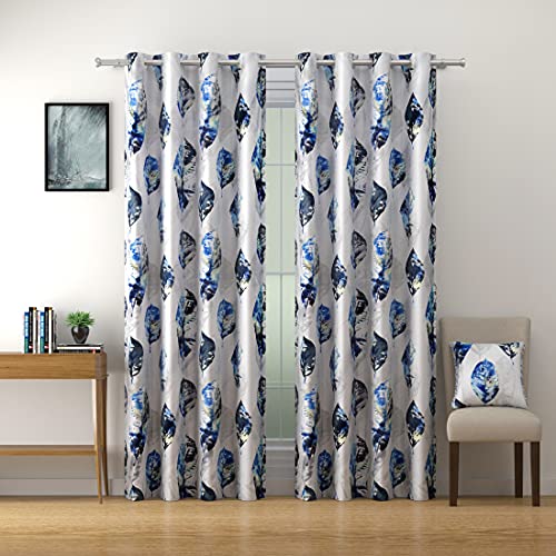 Image of Swayam 90% Blackout Polyester Window Curtain for Living Room & Bedroom | 5 Feet | Room Darkening Curtain with Eyelets | Pack of 2 | Leaf Design - White & Blue