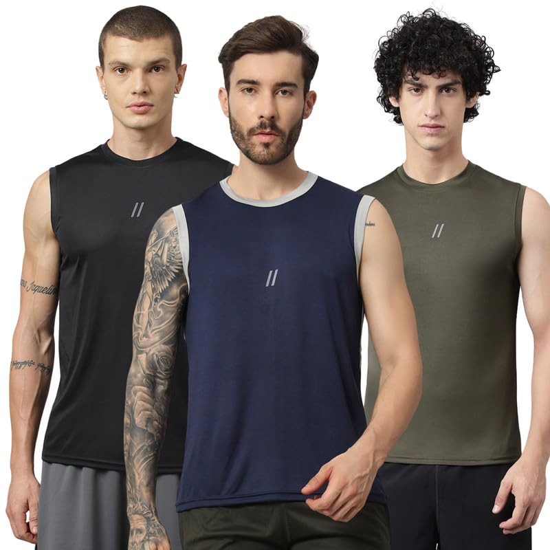 Image of ATICX Men's Polyester Sports Sleeveless T Shirt - Gym Vest, Workout Sando, Training Tank Top, Cut Sleeves Quick Dry Tee for Running, Swimming, Badminton, Fitness & Sports