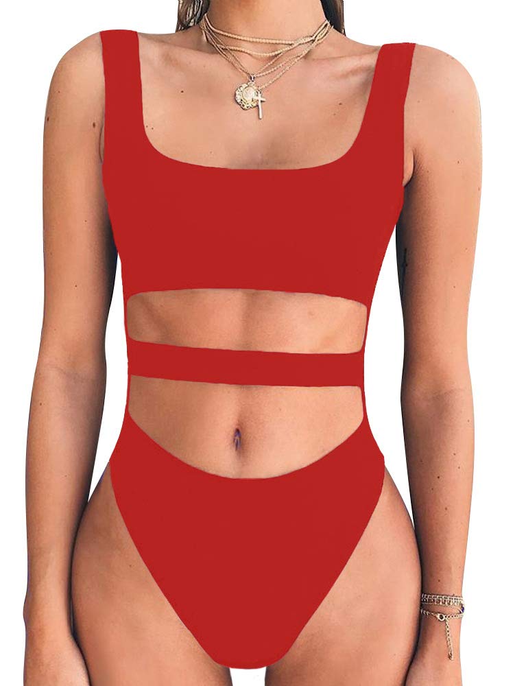 BEAGIMEG Women's Tank Top Cut Out Sleeveless Bodice Bodysuit Party Clubwear Red view 3