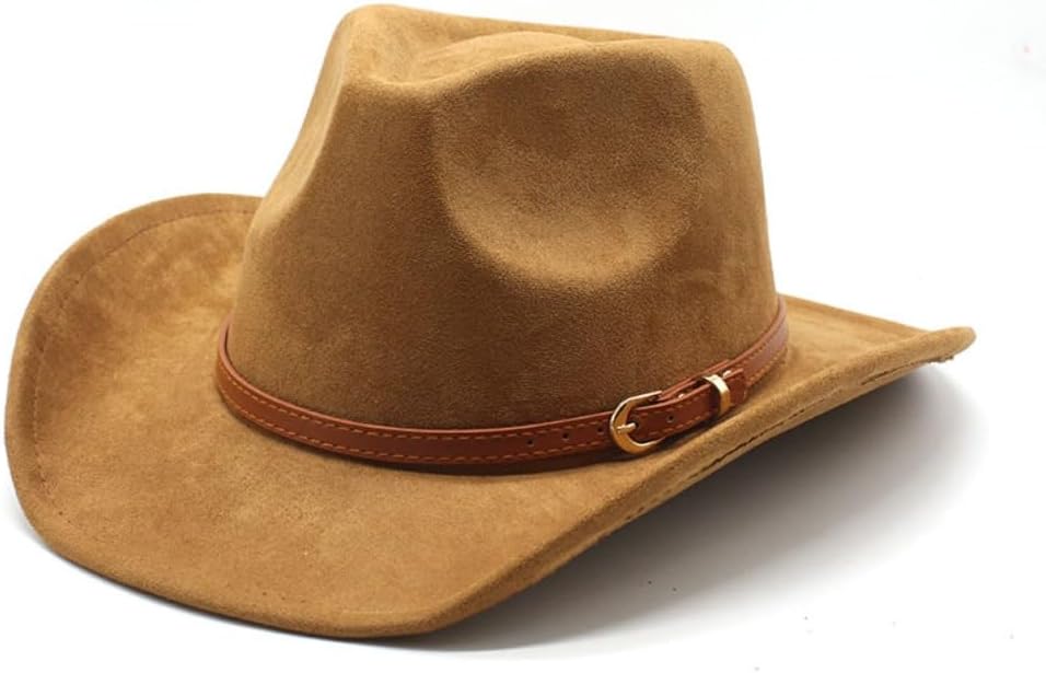 Western Cowboy Hat, Tan Felt Material, Wide Brim with Leather Band and Buckle Detail