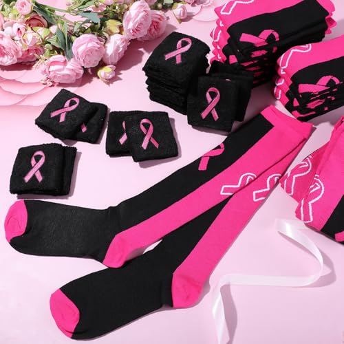 Zhanmai 12 Pairs Breast Cancer Awareness Breast Cancer Pink Ribbon Socks Wristbands for Soccer Volleyball Football Baseball2