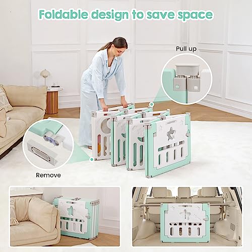 Baby Playpen, Dripex Baby Playard for Babies and Toddlers, 14-Panel Foldable Playpen Adjustable Portable Play Area, Indoor/Outdoor Kids Active Center with Game Panel & Safety Gate, Light Green White