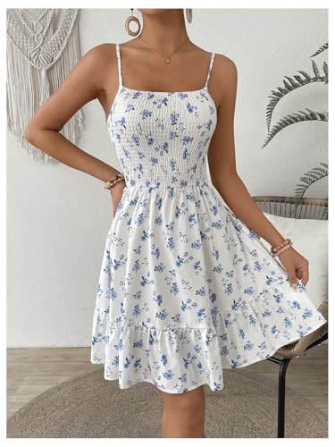 Milumia Women's Summer Floral Mini Dress Smocked Ruffle Spaghetti Strap Flowy Boho Cami Dress4