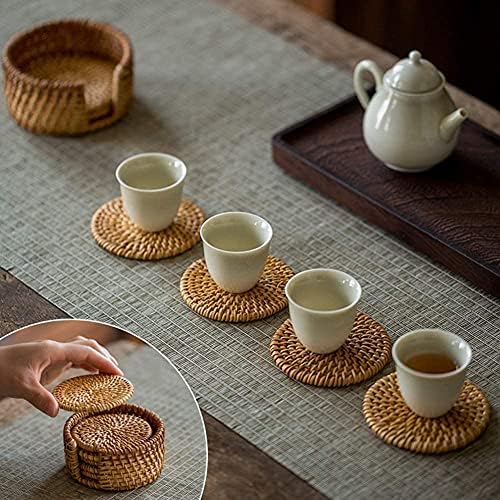 YCDC Handmade Woven Rattan Coasters with Holder for Drinks, Pack of 6pcs, Creative Gift Round Natural Rattan Coasters Tea Cup Placemats for Home Desk Office Padding Kitchen Decor/Tools(10cm/3.94")