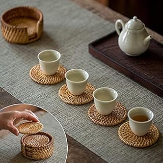 YCDC Handmade Woven Rattan Coasters with Holder for Drinks, Pack of 6pcs, Creative Gift Round Natural Rattan Coasters Tea Cup Placemats for Home Desk Office Padding Kitchen Decor/Tools(10cm/3.94")