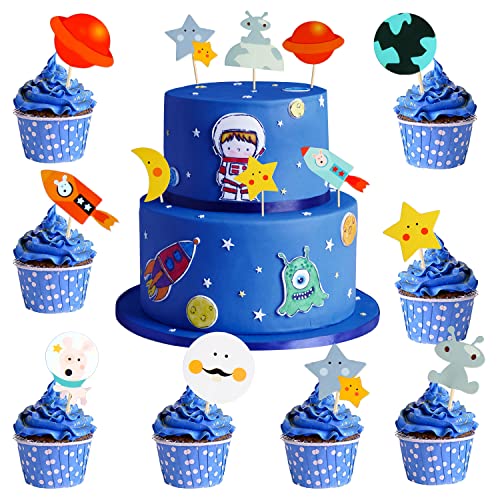 KIMOBER 48 adornos para cupcakes, decoración de cupcakes de cumpleaños con temática del espacio exterior para decoración de tartas de fiesta de cumpleaños