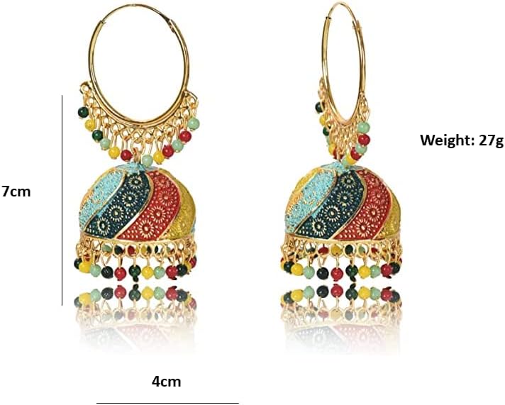 Miniatura 5 de Nilu's Collection Mujer étnica desgaste multicolor Jhumka Fiesta Festival, Función, Festival Wear Aleación Jhumki Pendiente, Mediano, Oro,