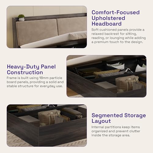 Image of Wakefit Bed | 3 Yr Warranty | King Size Bed, Hydraulic Storage & Foam-Cushioned Upholstery Headboard, Density:680-750 kg /m, Termite & Borer Resistant, Fits Mattresses Up to 8 Inches (Mars78x72 - WM)