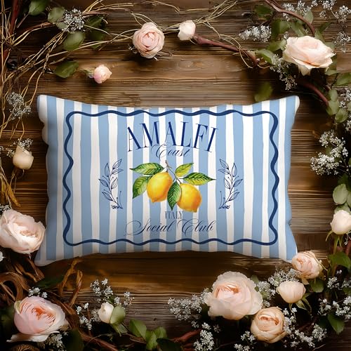 Image of Amalfi Blue and Yellow Summer Italian Mediterranean Amalfi Coast Lemon Pillow Cover Decor 12x20,Italian Striped Decorative Throw Pillow Cover Decor for Couch Double-Sided Set of 2