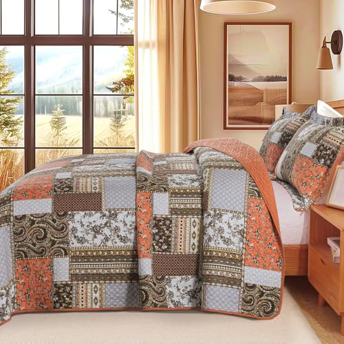 BEDIFANY Farmhouse Cotton Quilts Queen Size for Fall - Lightweight Patchwork Autumn Bedspread Set for Bed Coverlet - Highly-Woven Soft Reversible Bed Spread for All Seasons (Floral Orange) 3 Pieces