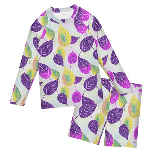 Purple Leaves Boys Rash Guard Swimsuits Set for Boys Long Sleeve Swim Shirts Bathing Suits with Trunks B0404758