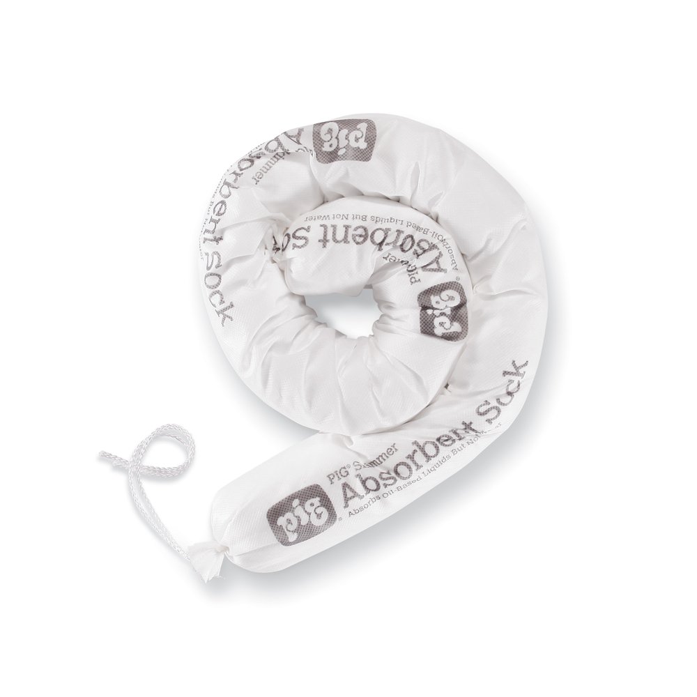 PIG Skimmer Oil-Only Absorbent Sock | 1 Gal Absorbency | Absorbs Oil Based Liquids | 10 White Socks Per Box | 3" Dia x 48" L | 104PS