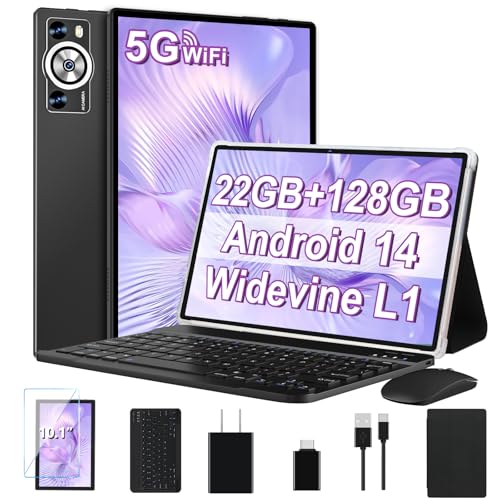 Image of Android 14 Tablet 10.1 Inch 8000mAh Battery Tablets with 22GB RAM 128GB ROM 2TB Expand, Octa-Core HD Touchscreen Tablet with Keyboard, Mouse, Support Widevine L1, Split-Screen - Black
