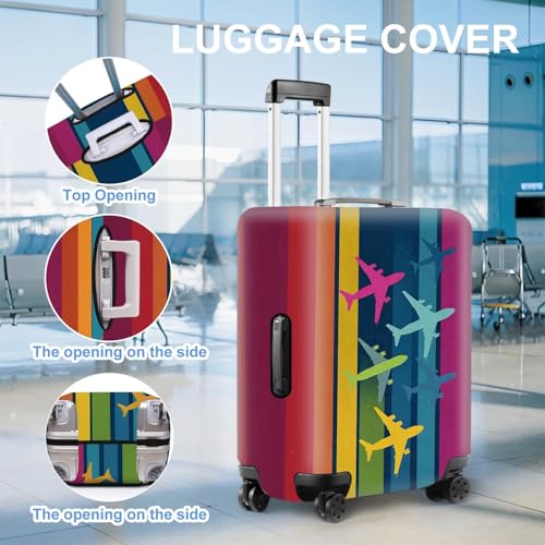 Image of Colorful Airplane Pattern Luggage Cover - Multicolor Stripe Travel Suitcase Protector with Fun Flight Design - Fits 28 to 30 Inch Luggage,L