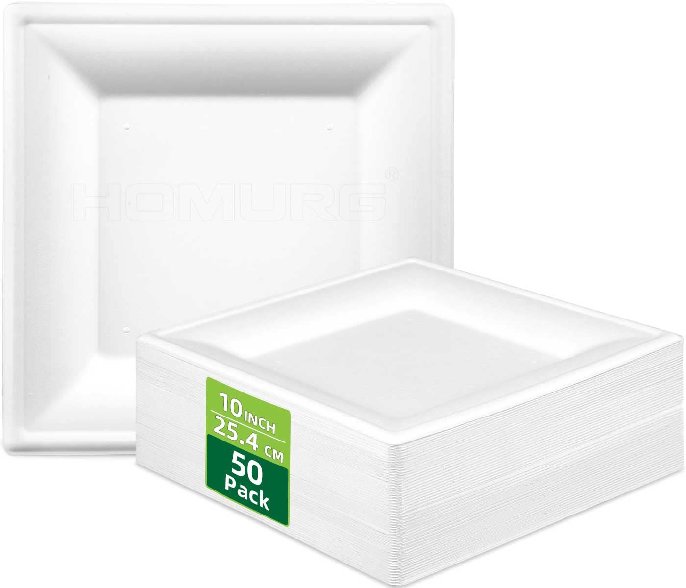 Weiße Pappteller Eckig 26 x 26 cm 50 Stück, Kompostierbare Einweggeschirr und Speiseteller Viereckig, Quadratische Platzteller Groß 10 Zoll für 50 Gäste, Robust Geburtstagsteller Partyteller