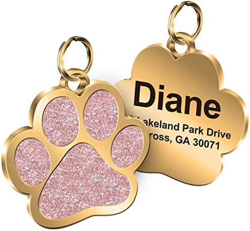 Personalized Engrave Pet ID Tags Paw Shape Custom Glitter Pet Supplies Engrave Name Number Elegant Plated Unique Gift for Cats Little Dogs (Pink)