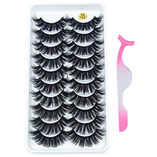 Aonokey 10 Pairs False Eyelashes 3D Full Volume Thick Wispies Eyelashes Extension Messy Handmade Faux Mink Hair with a Tweezer (3D112)