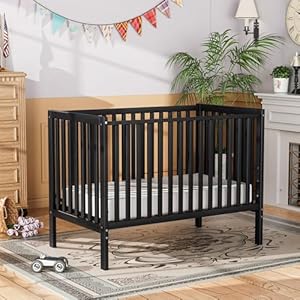 Baby crib 5 in 1 full size convertible toddler bed with sustainable natural pinewood for small baby nursery furniture non toxic finish black  urban country home decor
