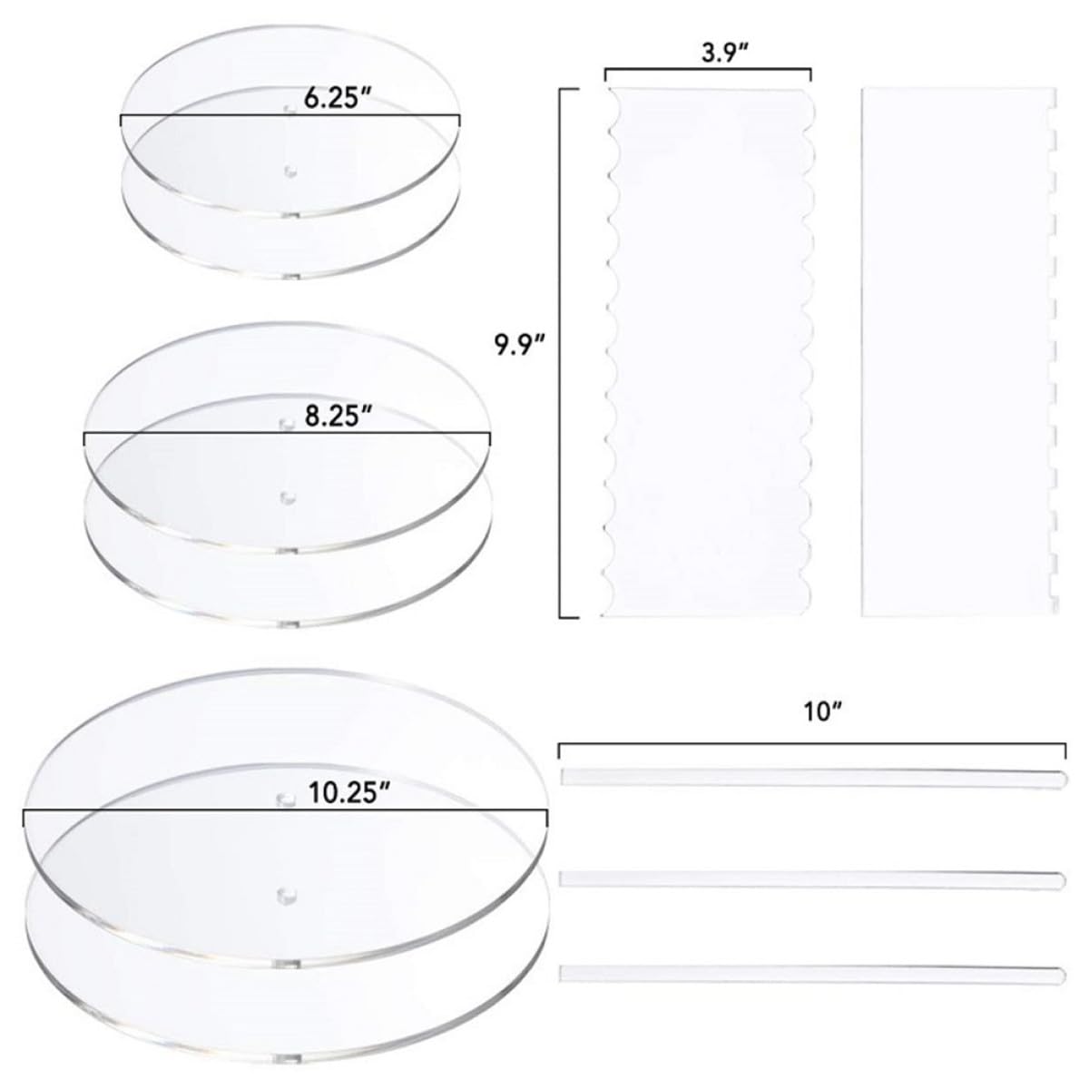 jojofuny Ensemble de 11 Pièces pour Décoration de Gâteaux en Acrylique Transparent, 6 Disques Ronds, 2 Racloirs Rectangulaires et 3 Piliers, Accessoires de Pâtisserie Professionnels