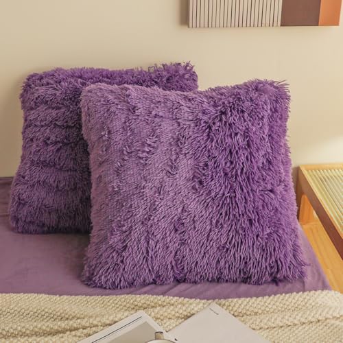 HAIHUA Faux Fur Purple Throw Pillow Covers, Fluffy Soft Fuzzy Decorative Pillow Cases Cute Pillowcases for Home Bedroom Living Room, Zipper Closure, Set of 2 (Purple, 18'x 18')