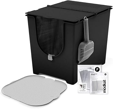 Modkat Flip Starter Kit - Flip Litter Box Black, Katch Litter Mat Gray, 4X Reusable Litter Liner, Litter Scoop, 2X Charcoal Filters