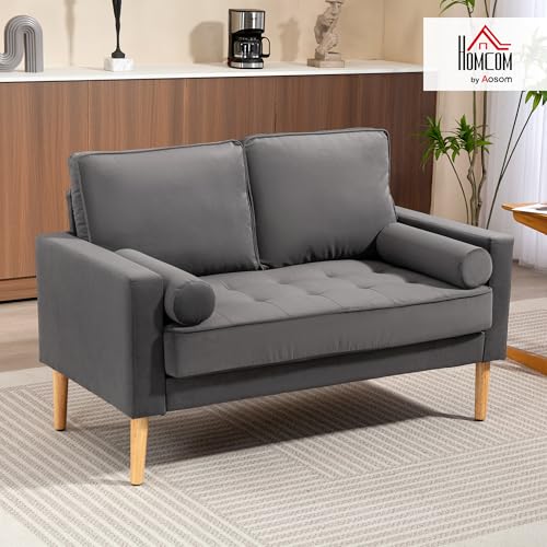 HOMCOM Canapé 2 Places canapé Moderne en Velours 127 cm, Coussins à Ressorts épais, Pieds en Bois d'hévéa, 2 oreillers et Assise capitonnée, Banquette 2 Places pour Salon, Chambre, Petit Espace, Gris – Image 3