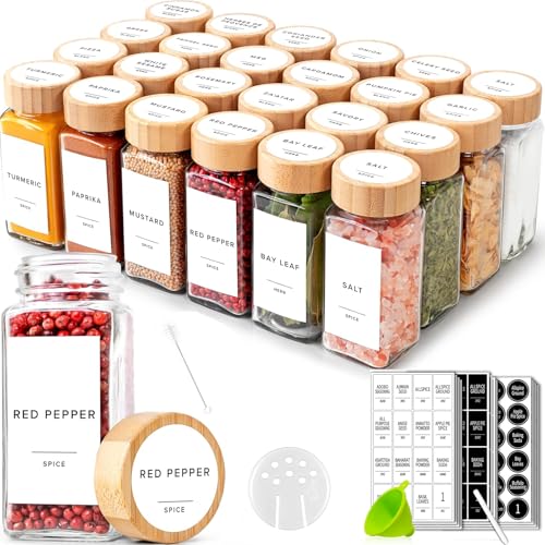 24 Pcs Glass Spice Jars with Bamboo Lids 4oz Airtight Square Spice Containers with 250 Labels Stickers Shaker Lids Collapsible Funnel Chalk Pen Seasoning Organizer for Kitchen Cabinet Spice Rack