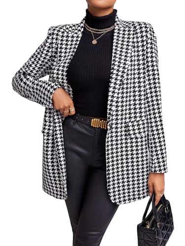 WDIRARA Women's Houndstooth Print Lapel Collar Single Button Work Office Jacket Blazer Black and White Medium