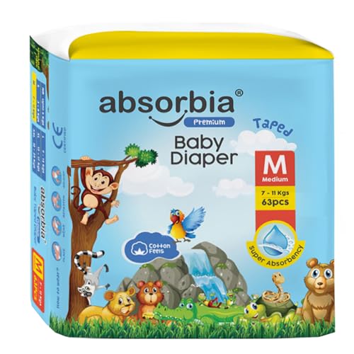 Image of absorbia Baby Diaper Tape Style Medium Size | 63 Count (7 to 11 kg)