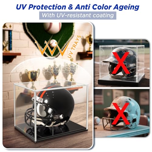 Mini-Helmet-Display-Case, UV Protection Acrylic Display Case Souvenirs and Collectibles Box for MINI Football Helmets with Black Base & Riser (Black Base & Riser, Stackable)