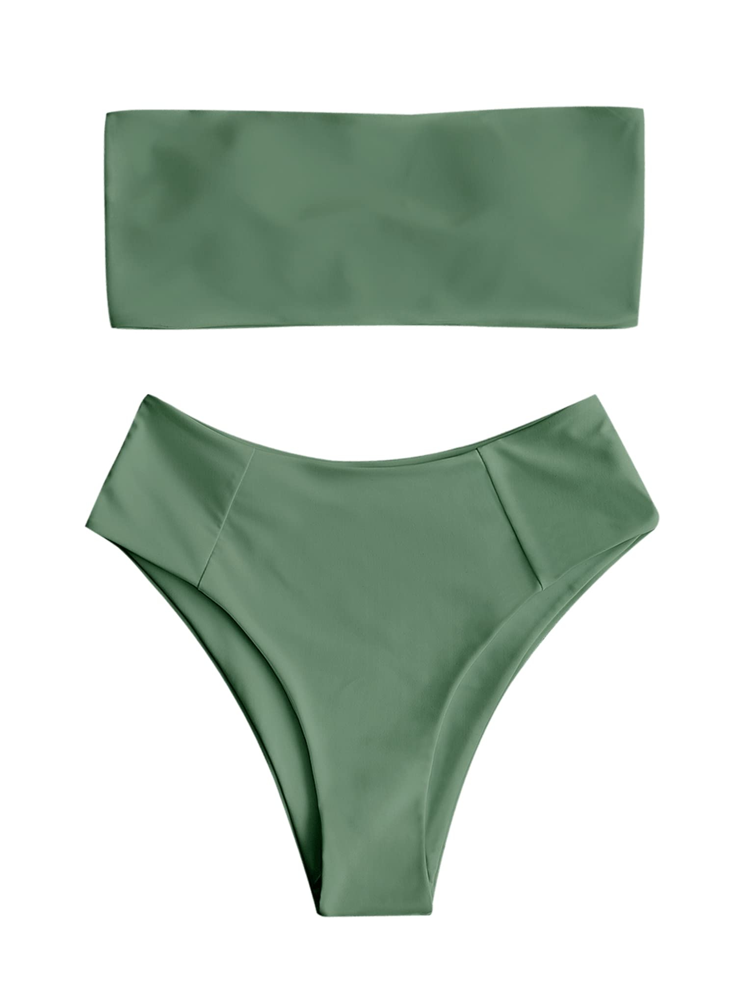 ZAFUL Women's High Cut Bandeau Bikini Set Strapless 2 Pieces Bathing Suit | Solid Color Swimsuit High-waisted Bikini Set