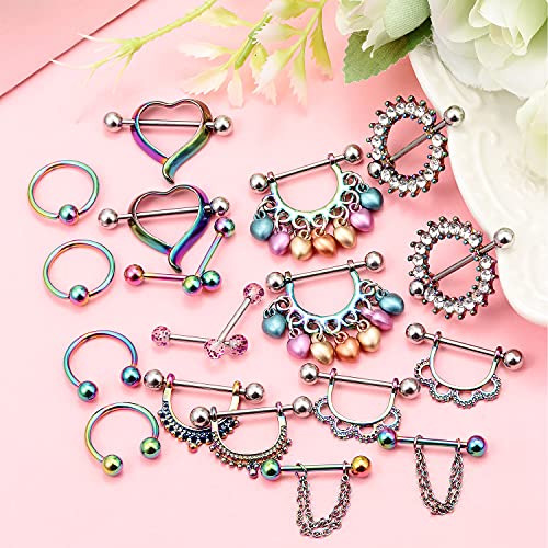 Ftovosyo 20Pcs Nipple Ring 14G Surgical Steel Tongue Nipplerings Barbell Bar Hoop Rings Retainer CZ Heart Chain Dangle Nipple Piercing Jewelry for Women Men 14MM (9/16 Inch)3