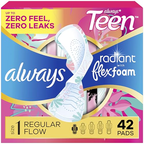 Always Radiant Teen Pads, Size 1, Regular, with Wings, Unscented, 42 Count